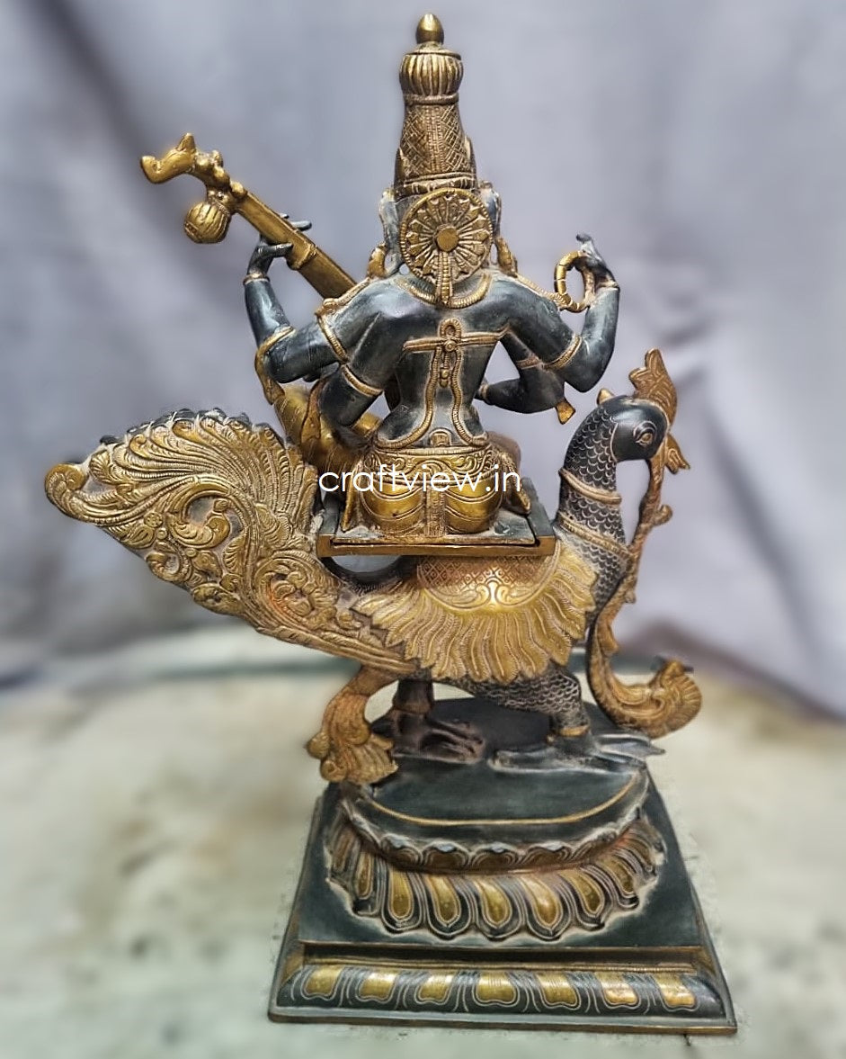 Significance of Sarasvati in Brass Art Sculpture Sitting On Peacock