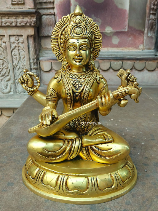 14" Brass Saraswathi Statue Fine Carving