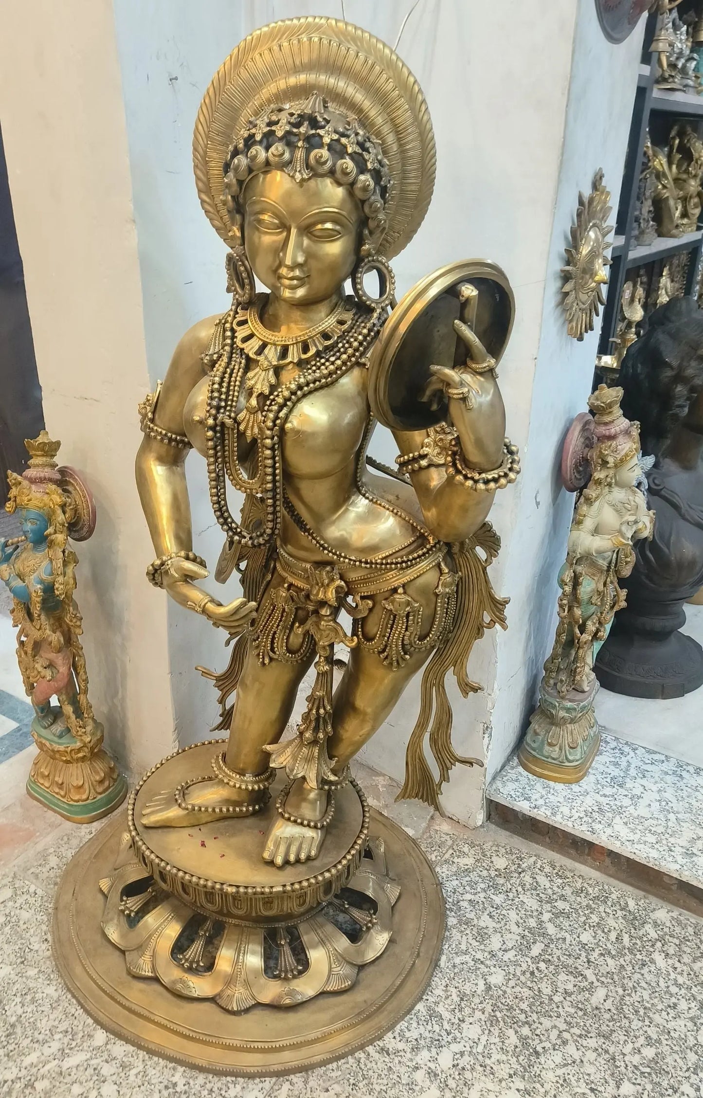 54" Apsara Holding a Mirror Sculpture Pure Bronze - Craftview