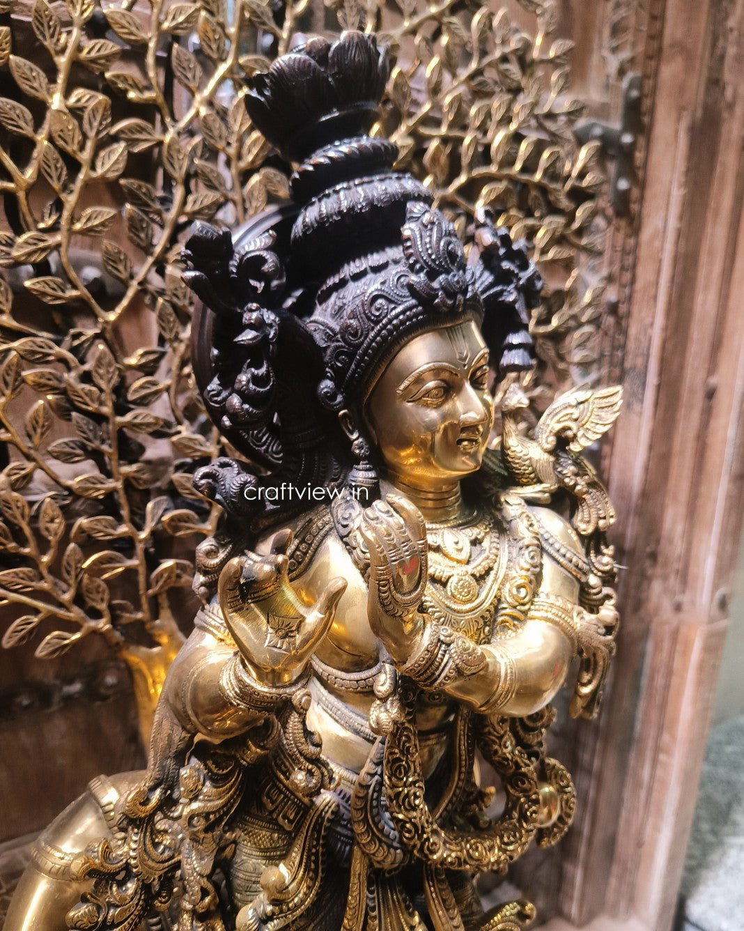 Brass Lord Krishna Sculpture With Tree 36"