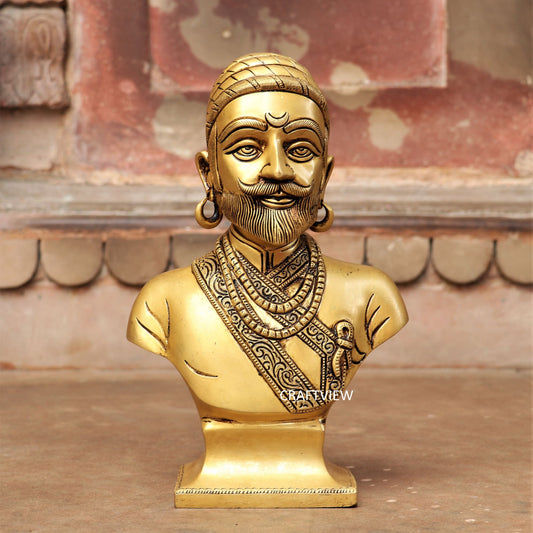12" Brass Chatrapati Shivaji Maharaj Bust Décor Figurine