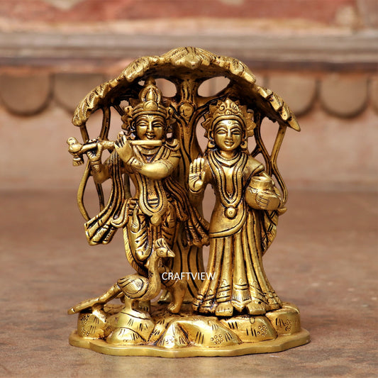 7" Brass Lord Radha Krishna Statue With Tree