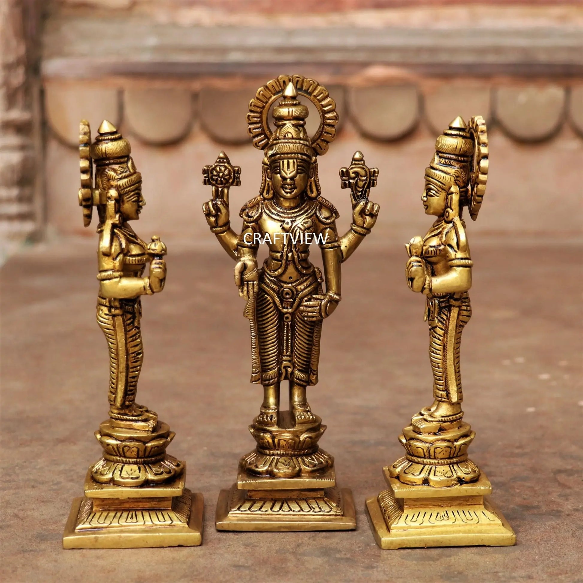 8" Brass Lord Tirupati Lakshmi Sculpture set of 3 Peace Craftsview