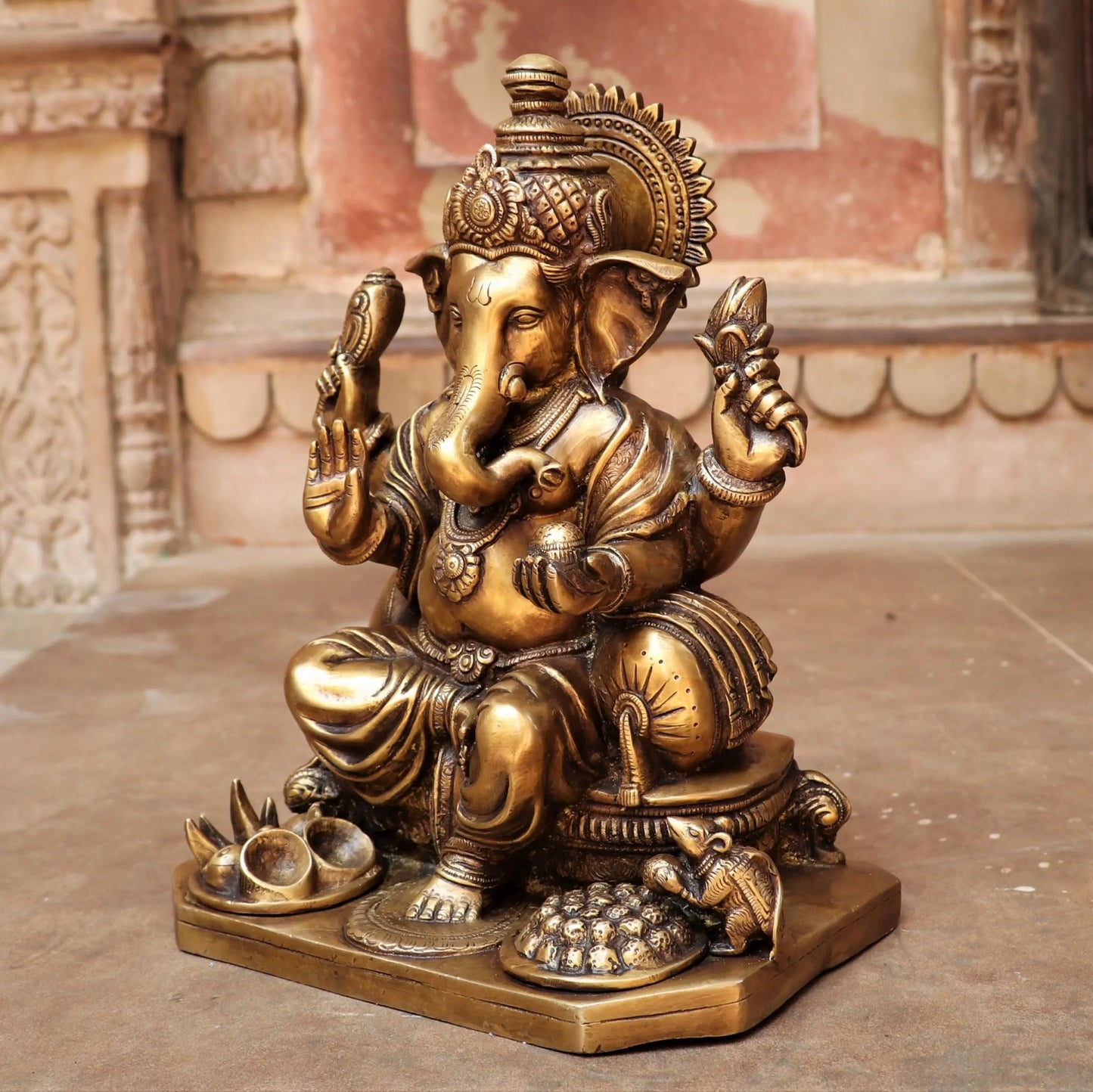 Brass Ganesha Statue Sitting on Base 13" | Vintage Golden Brass craftsview