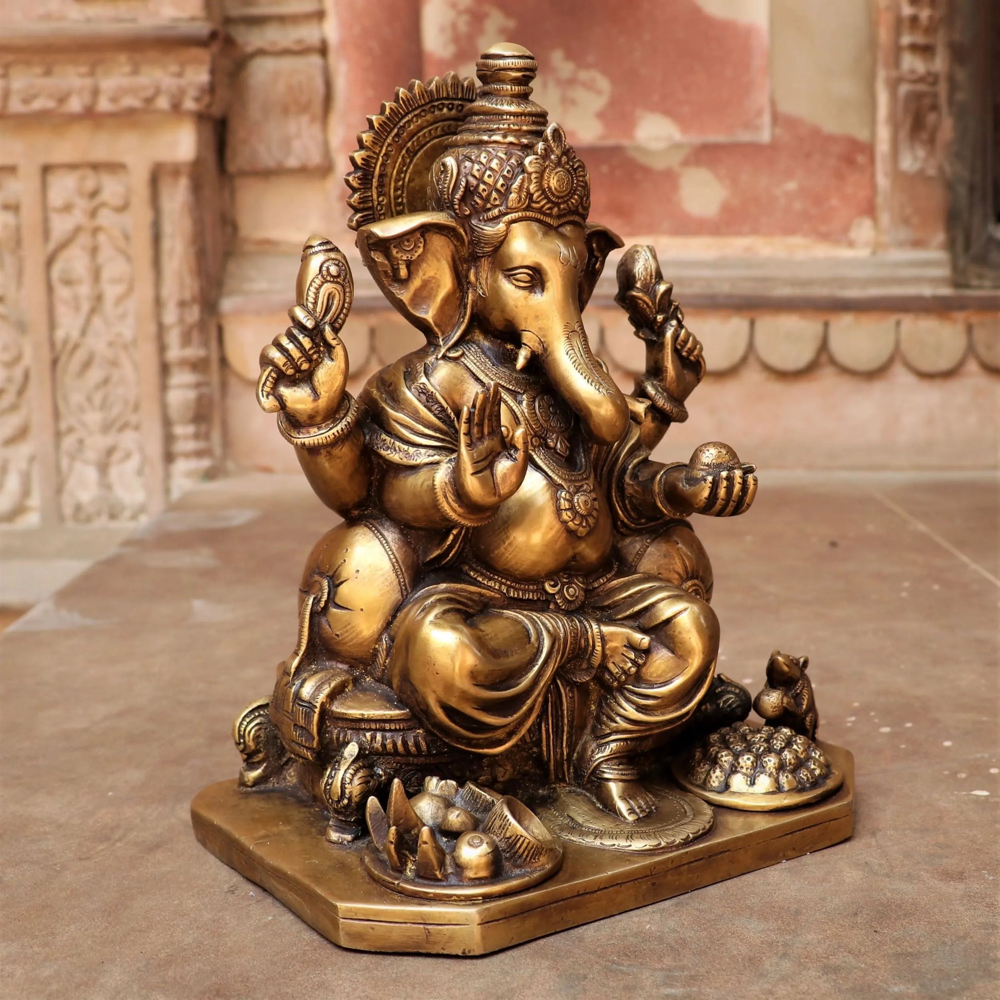 Brass Ganesha Statue Sitting on Base 13" | Vintage Golden Brass craftsview