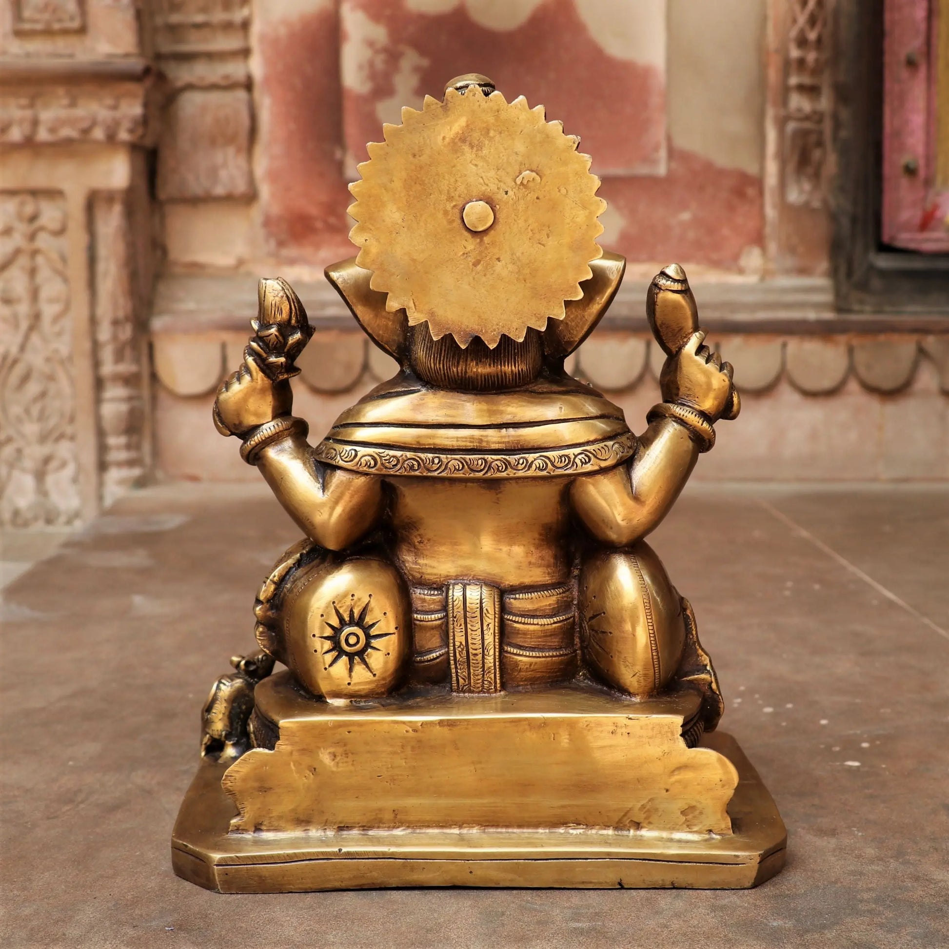Brass Ganesha Statue Sitting on Base 13" | Vintage Golden Brass craftsview