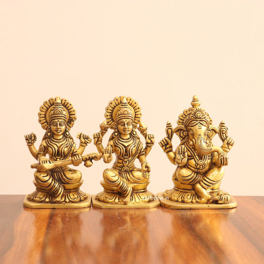5" Superfine Small Brass Ganesh Lakshmi Saraswati Idols set of 3 Peace