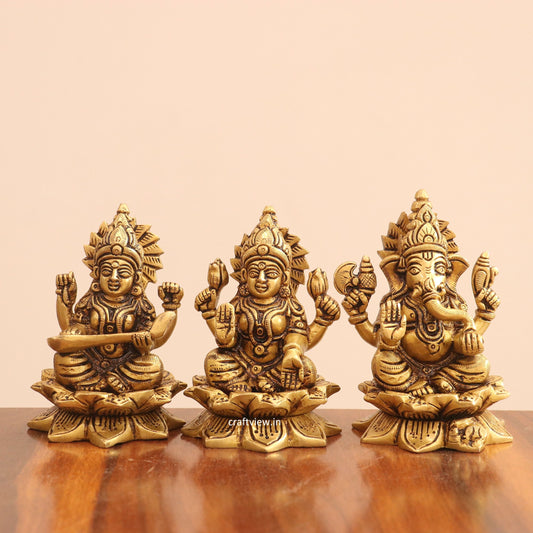 4.5"Brass Superfine Lotus Ganesh Lakshmi Saraswati Idols set of 3 Peace