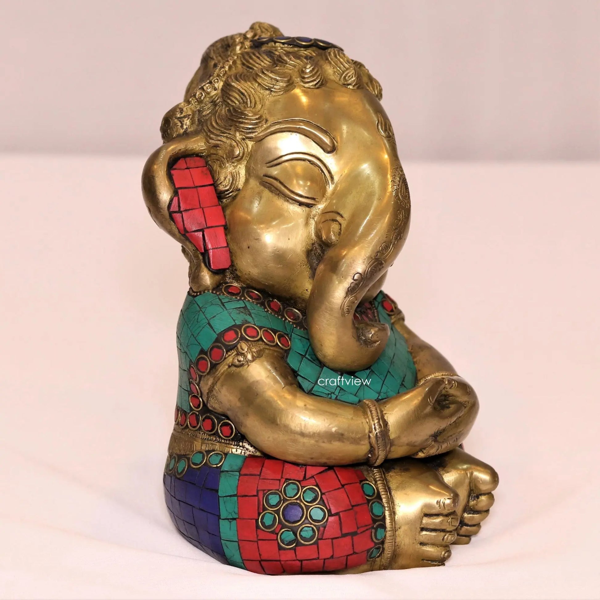 8.5" Brass Baby Ganesh Statue with Stone Work Craftsview