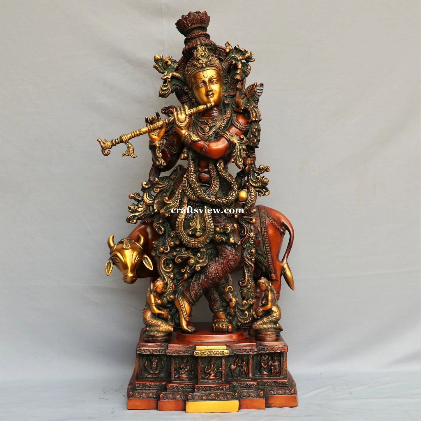 Lord Cow Krishna Sculpture Brass Copper Gold Green Finished 28" craftsview