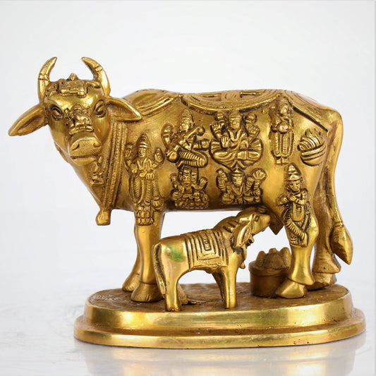 Brass Animal Cow and Calf Statue 5"