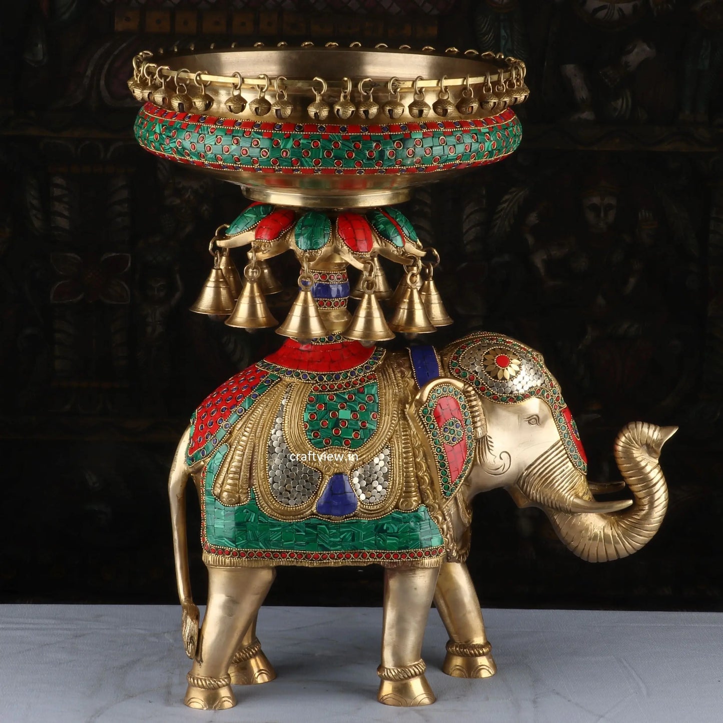 Brass Decorative Elephant Urli With Multicolor Stone Work craftsview