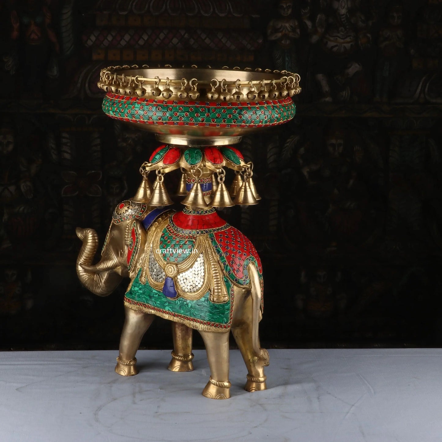 Brass Decorative Elephant Urli With Multicolor Stone Work craftsview