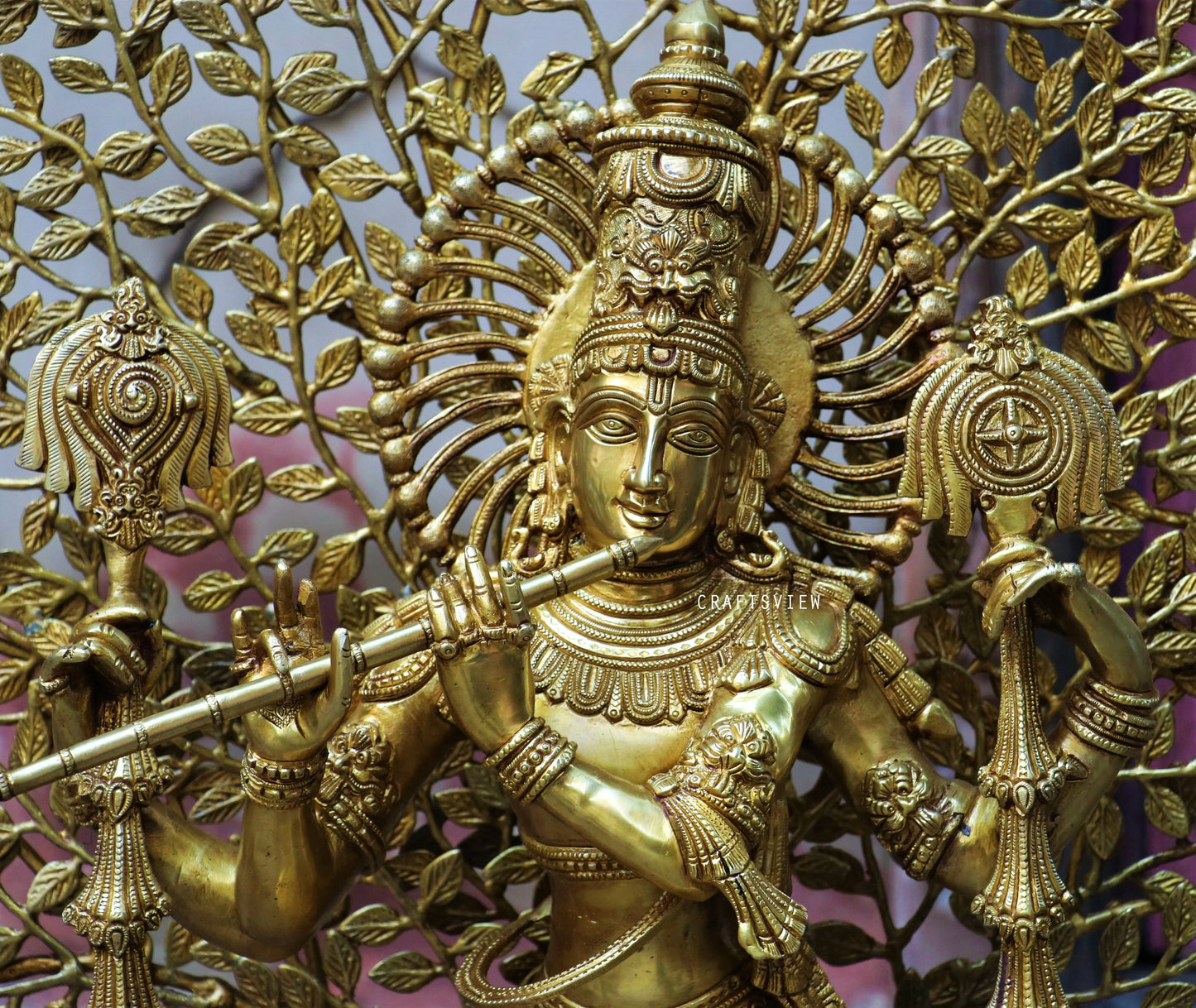 Brass Chaturbhuja Krishna With Tree 36" craftsview