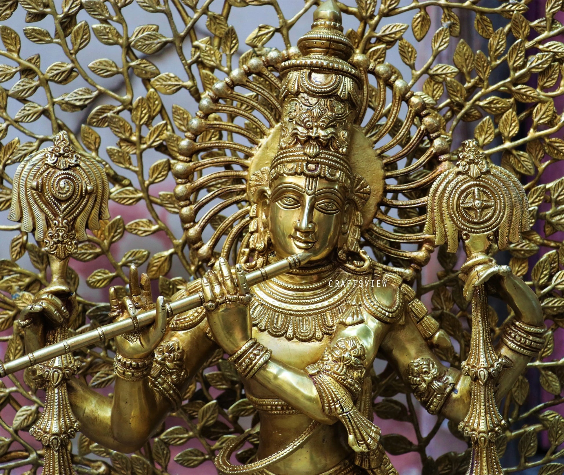 Brass Chaturbhuja Krishna With Tree 36" craftsview