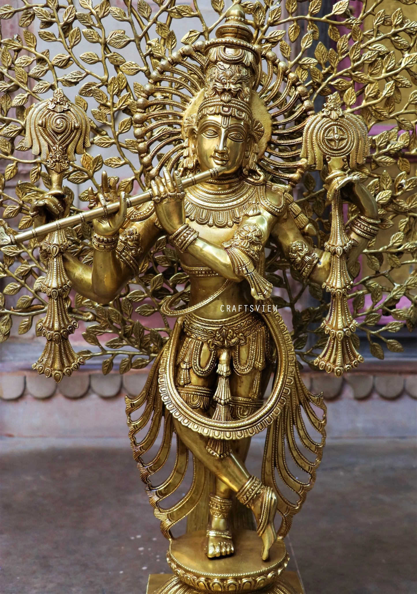 Brass Chaturbhuja Krishna With Tree 36" craftsview