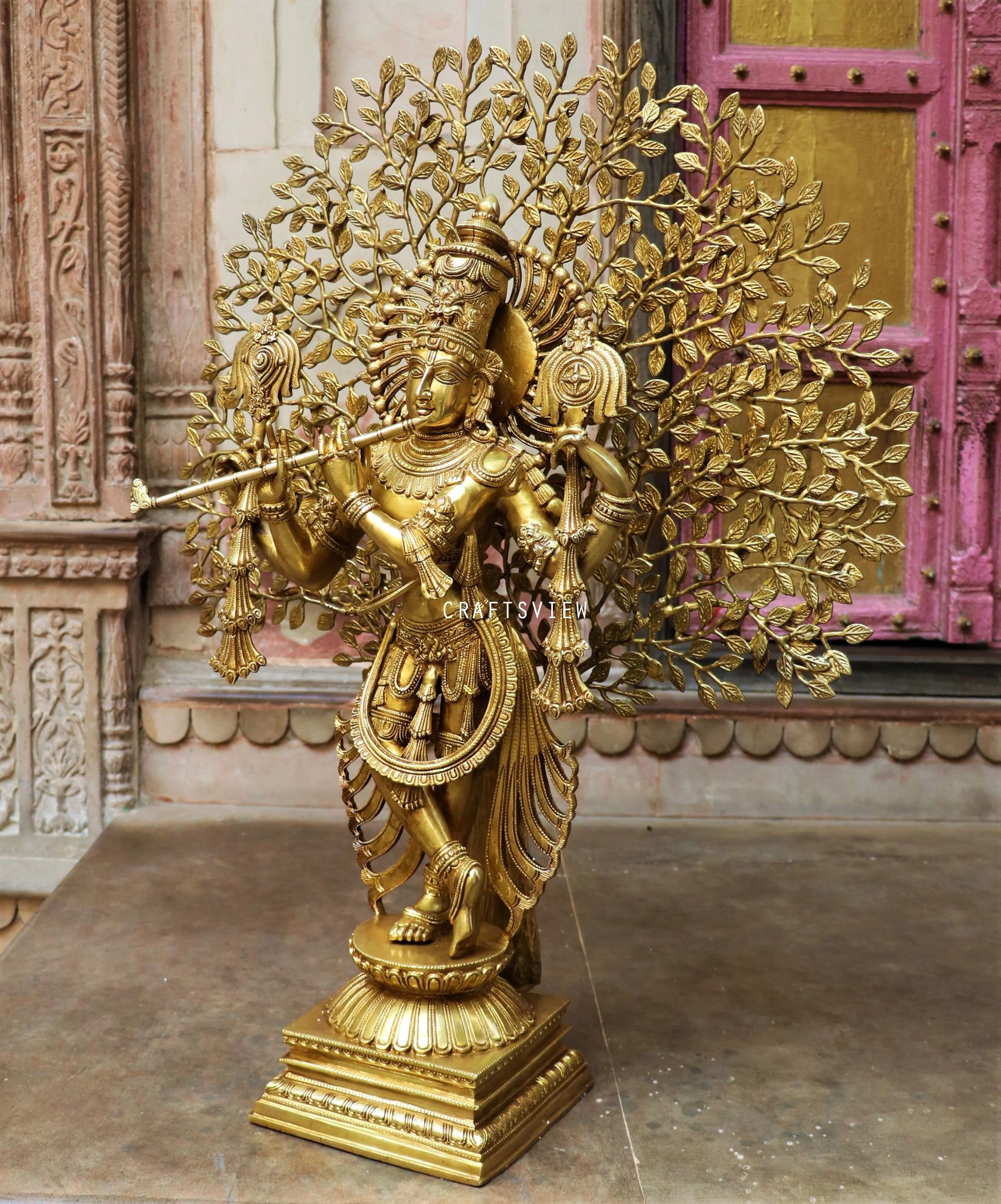 Brass Chaturbhuja Krishna With Tree 36" craftsview