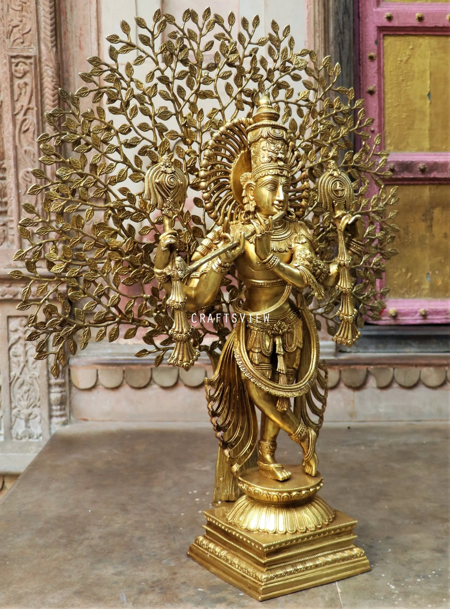 Brass Chaturbhuja Krishna With Tree 36" craftsview