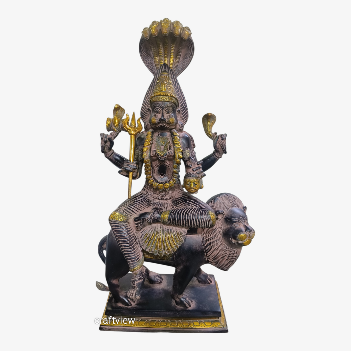 Brass Pratyangira Devi Statue, Seated on a Lion 19"