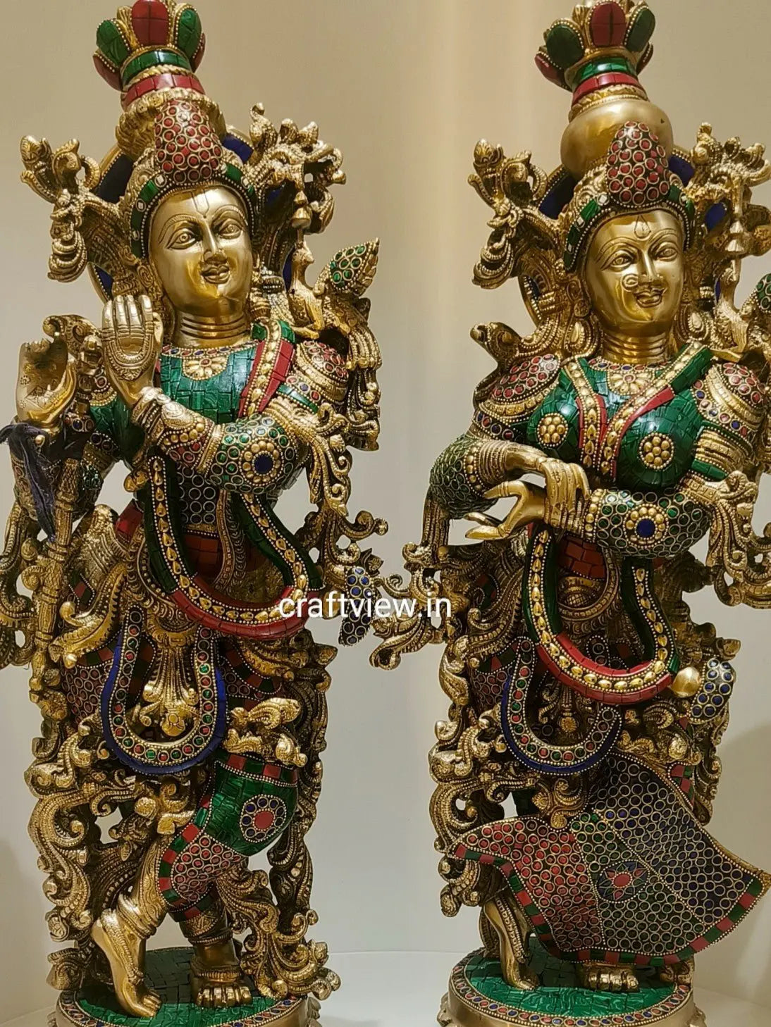 Brass Radha Krishna Statue With Multicolor Stone Work - Craftview