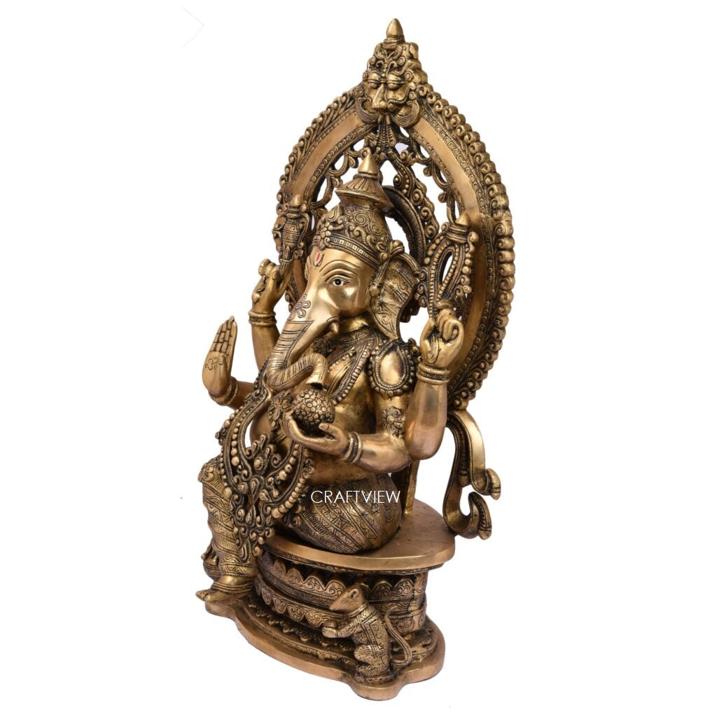 Brass Ganesh Statue Sitting On Singhasan