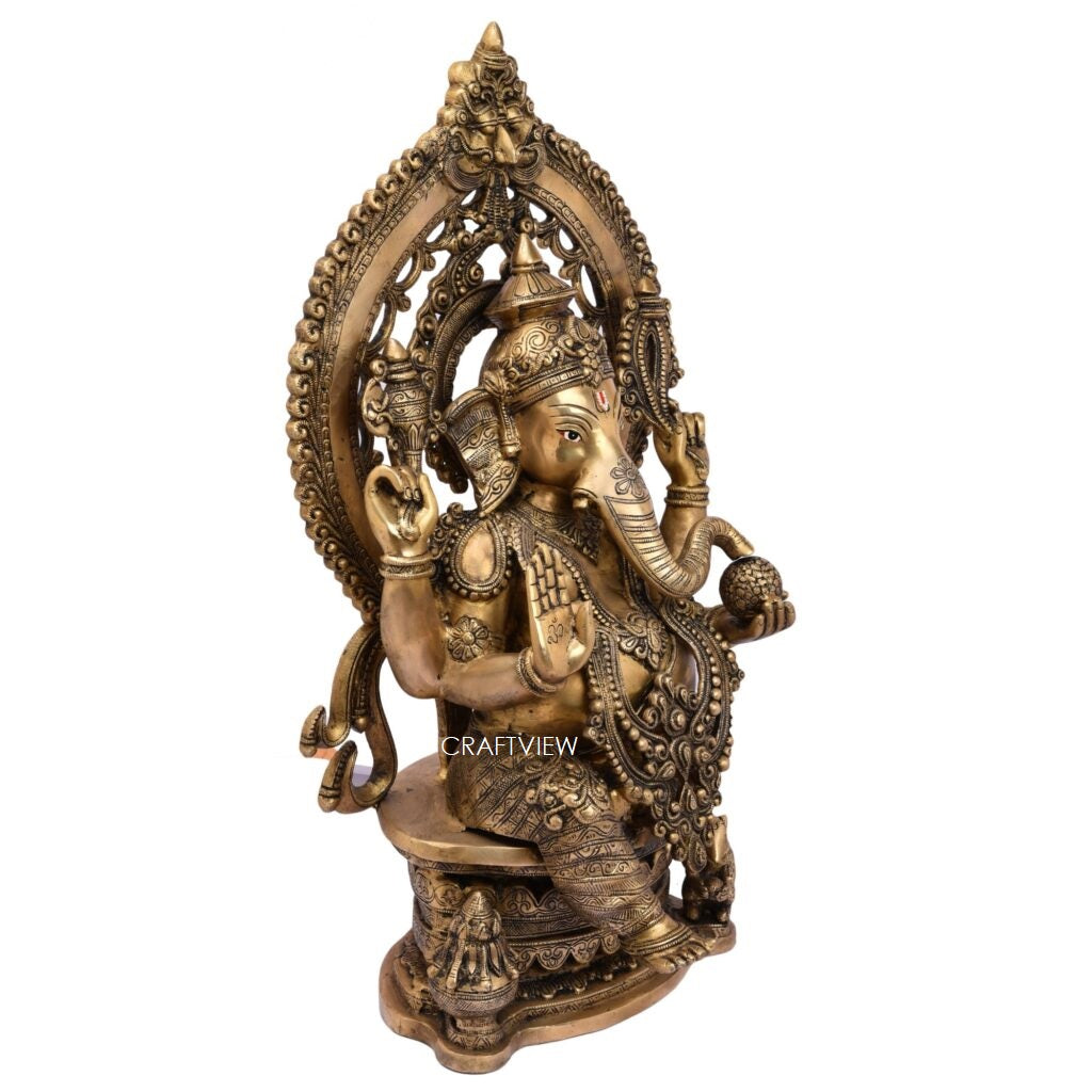 Brass Ganesh Statue Sitting On Singhasan