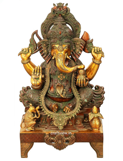 Brass Large Size Ganesha Statue Gold Copper Green Finished 33"