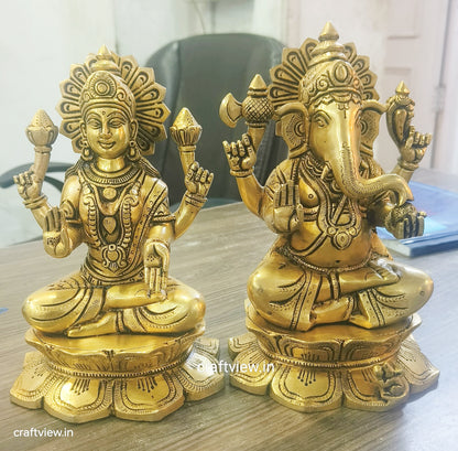 9" Brass Superfine Exquisite Ganesha Lakshmi Idols pair