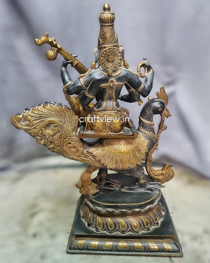 Significance of Sarasvati in Brass Art Sculpture Sitting On Peacock