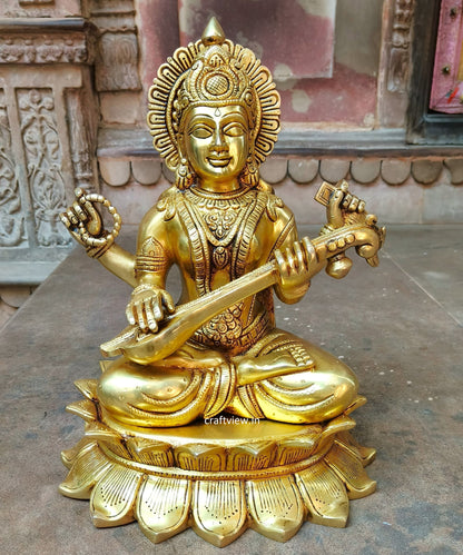 15" Brass Saraswathi Statue Fine Carving