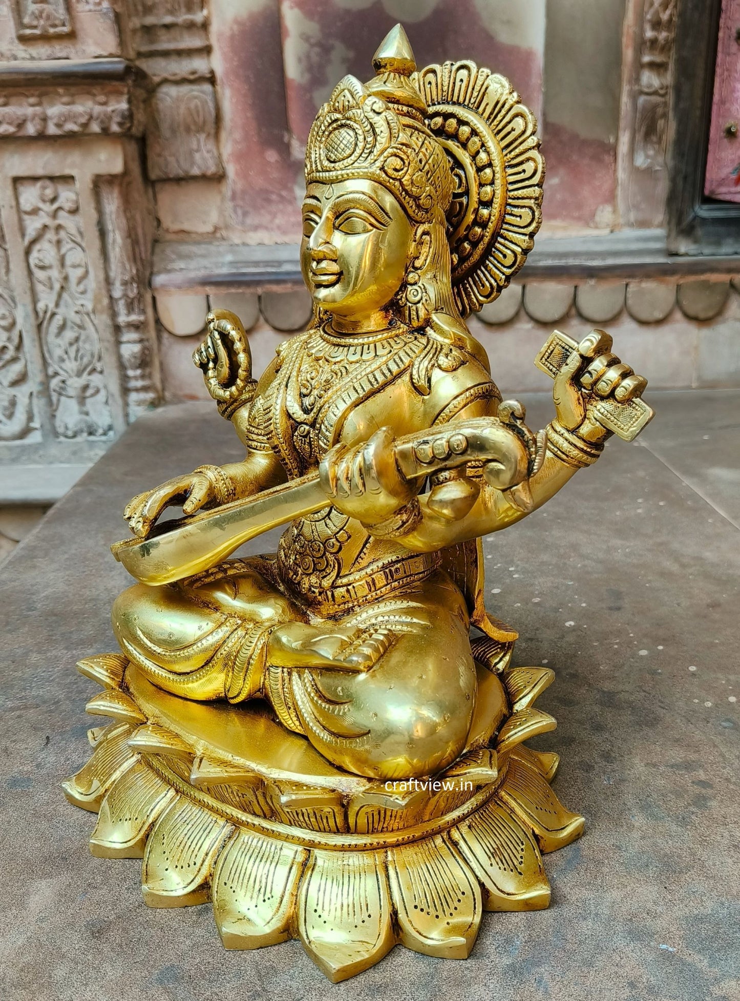 15" Brass Saraswathi Statue Fine Carving