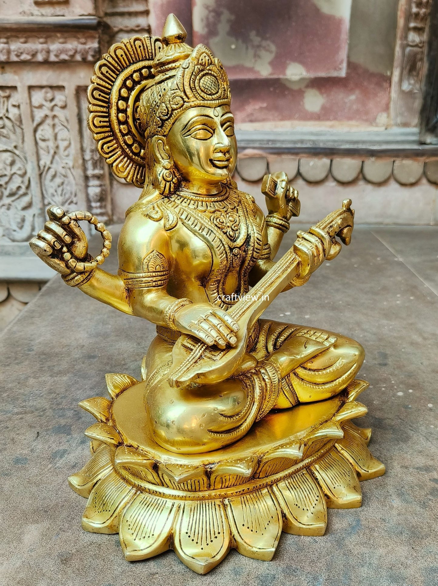 15" Brass Saraswathi Statue Fine Carving