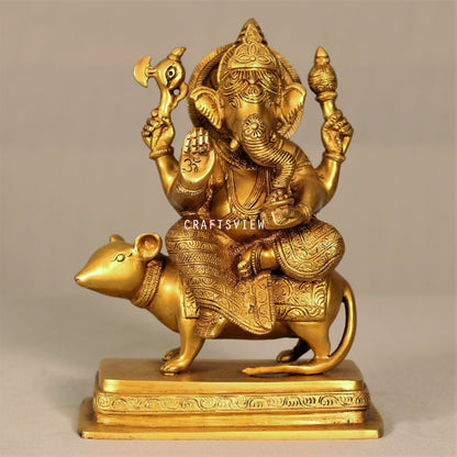 Brass Lord Ganesha Statue Sited On Musak 10"