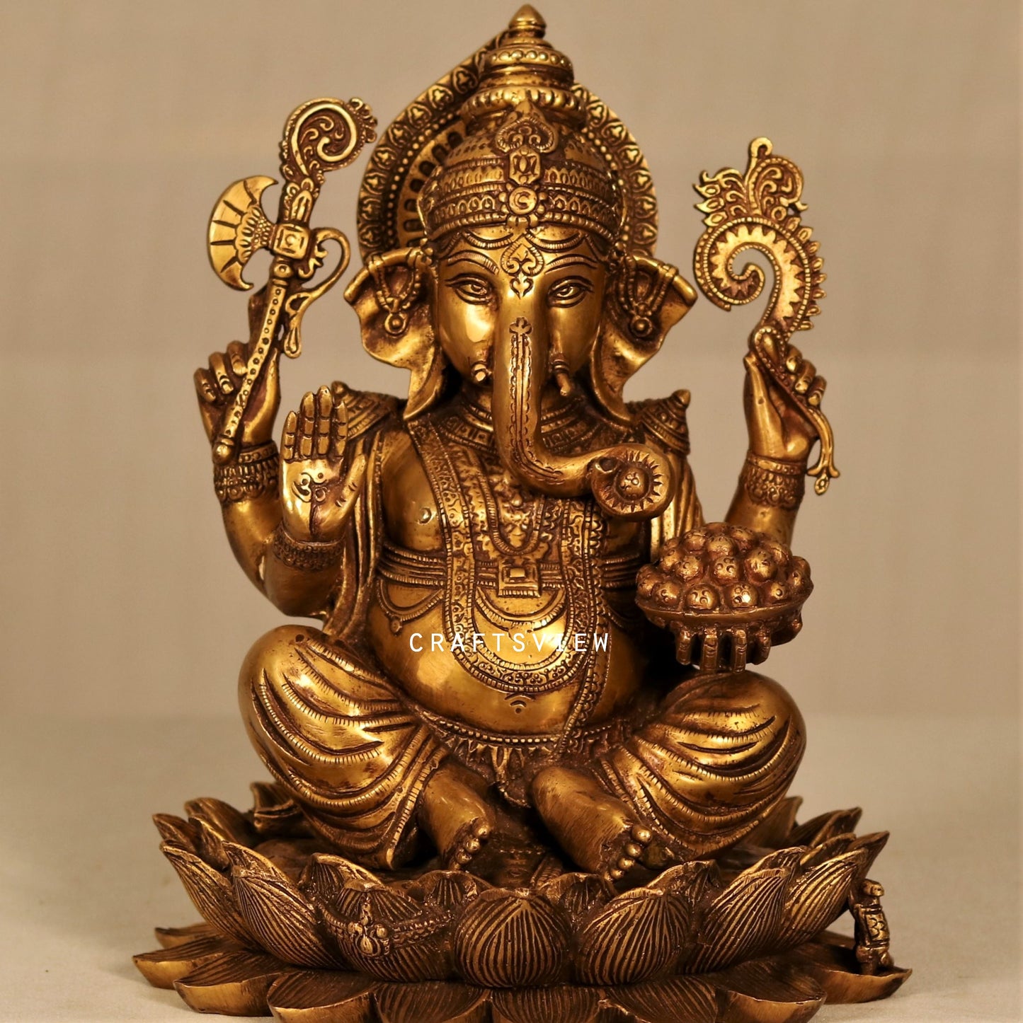 Brass Ganesha Statue Sited On Lotus Base