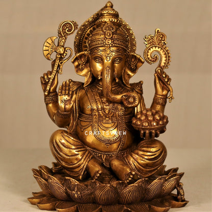 Brass Ganesha Statue Sited On Lotus Base