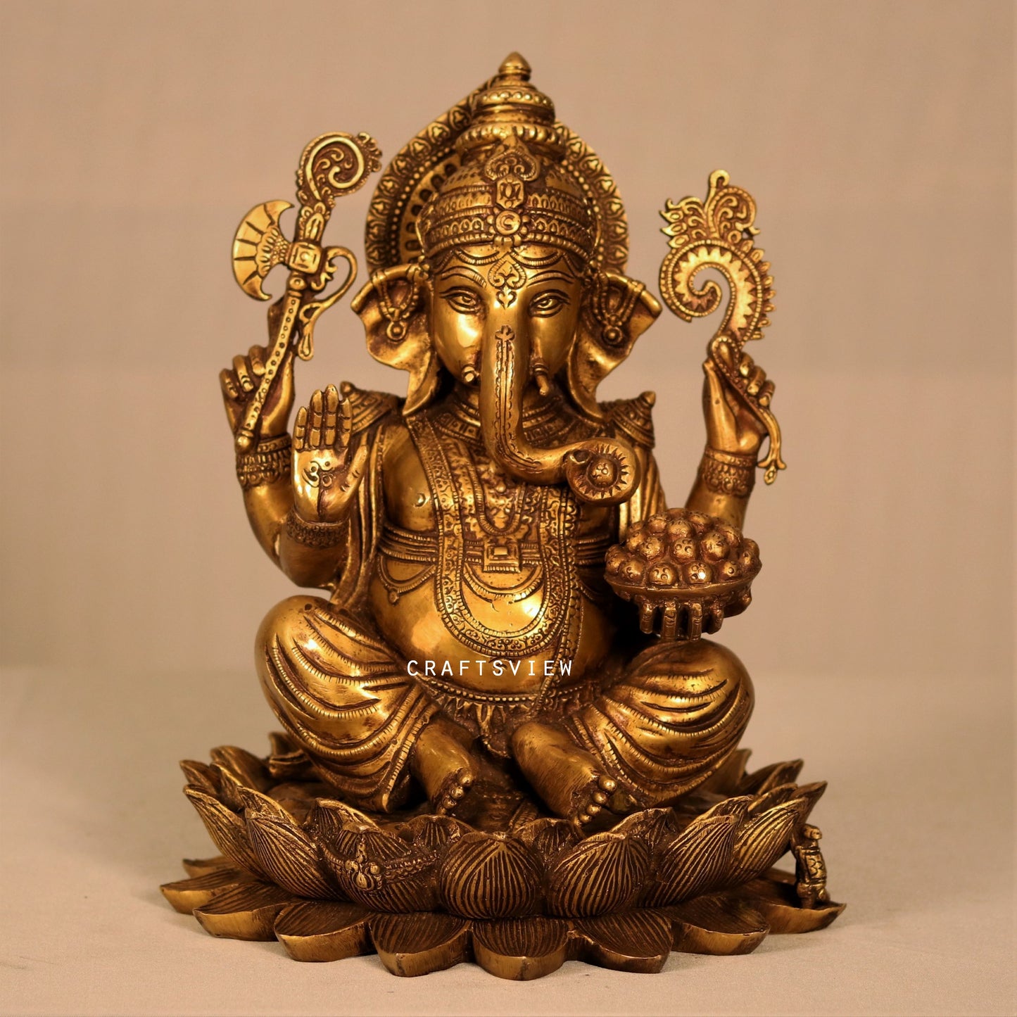 Brass Ganesha Statue Sited On Lotus Base