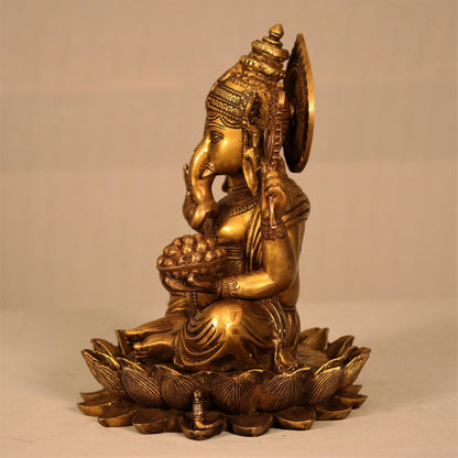 Brass Ganesha Statue Sited On Lotus Base