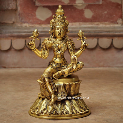 Brass Lakshmi statue Chola Lakshmi sited on Lotus 14.5"