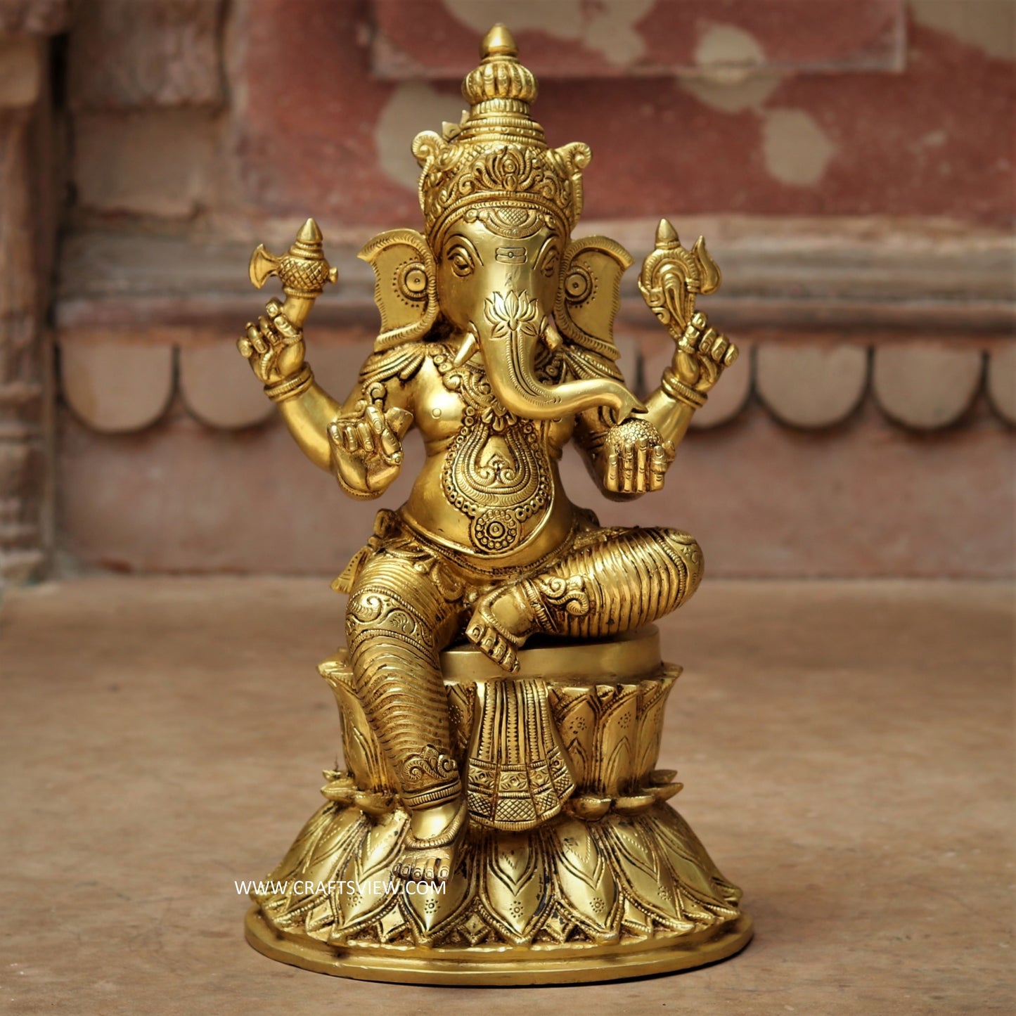 Brass Lord Ganesha Sited on lotus base 15"