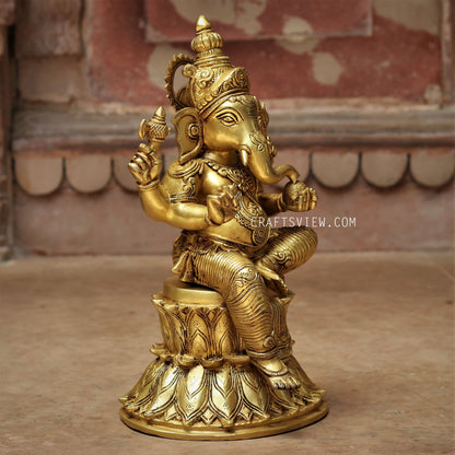 Brass Lord Ganesha Sited on lotus base 15"