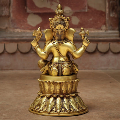 Brass Lord Ganesha Sited on lotus base 15"