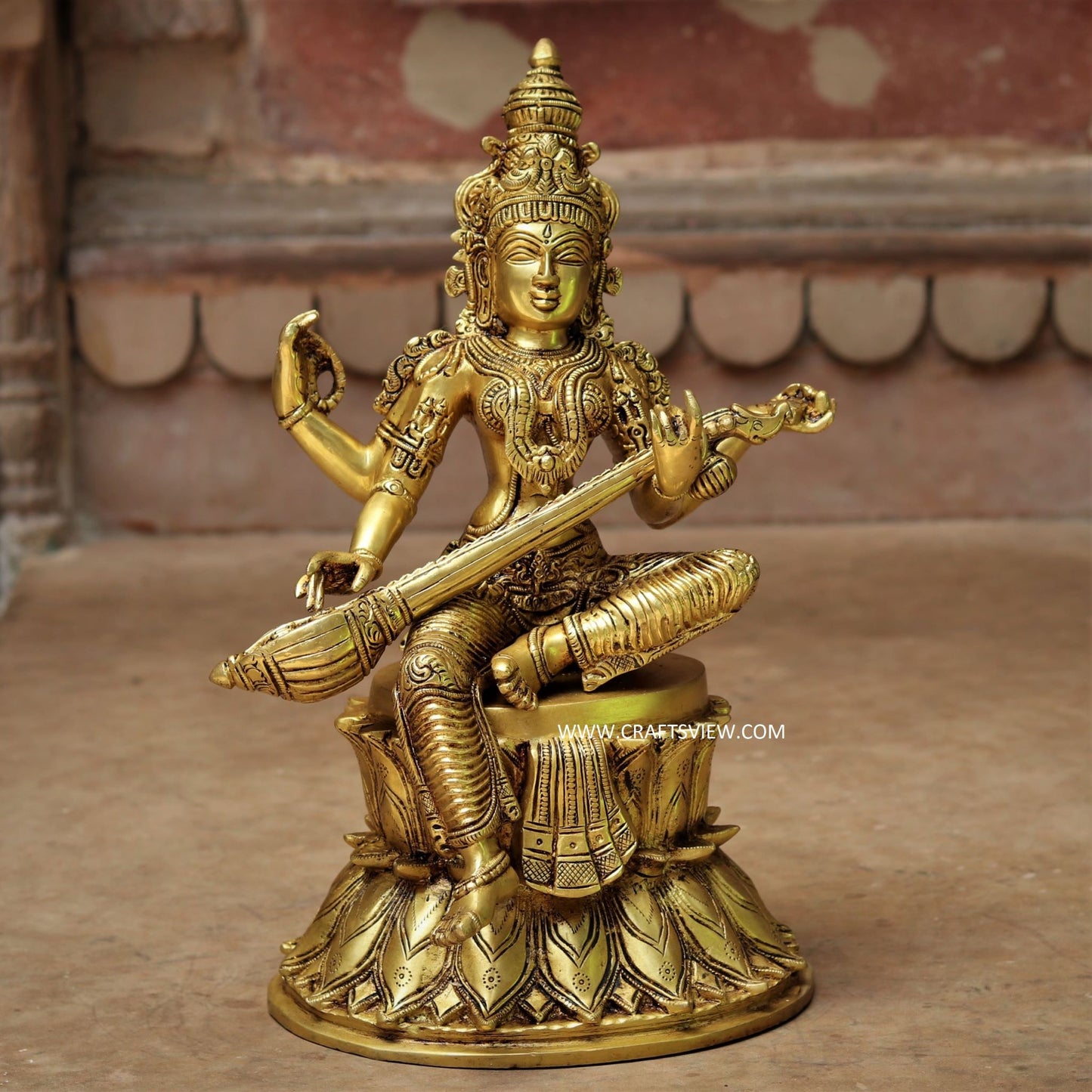 Brass Saraswati Chola Statue sitting on lotus 14"