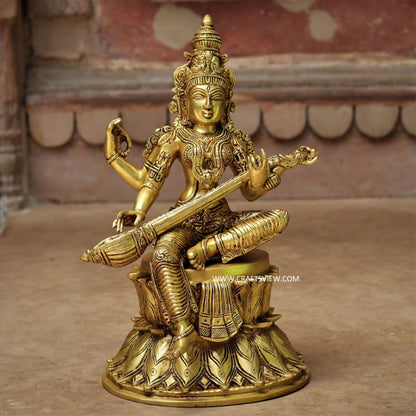 Brass Saraswati Chola Statue sitting on lotus 14"