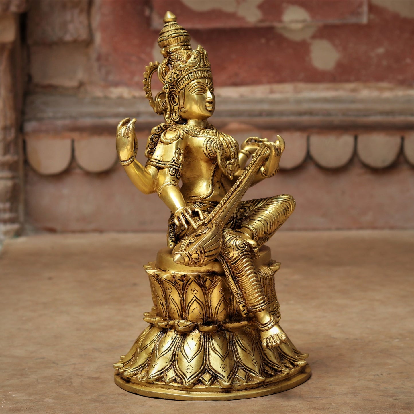 Brass Saraswati Chola Statue sitting on lotus 14"