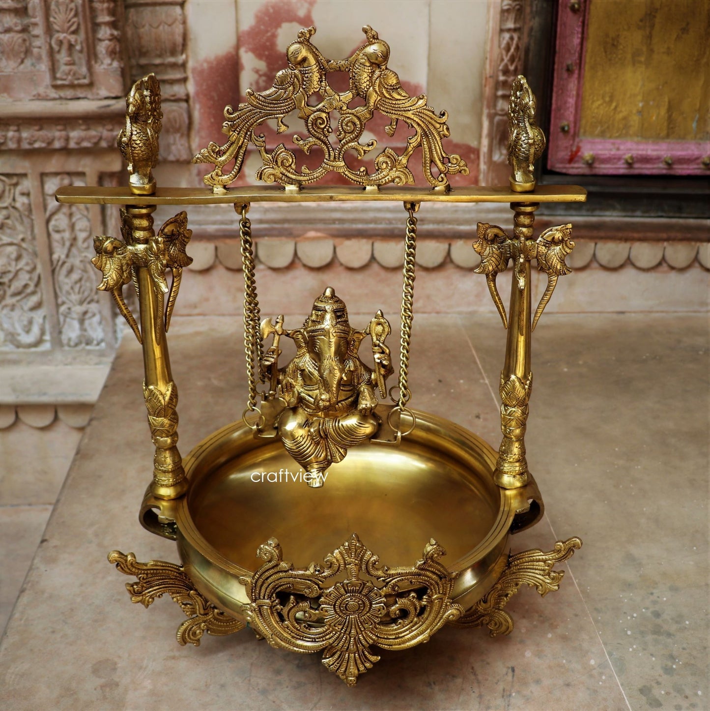 Brass Urli Decor with Ganesh jhula