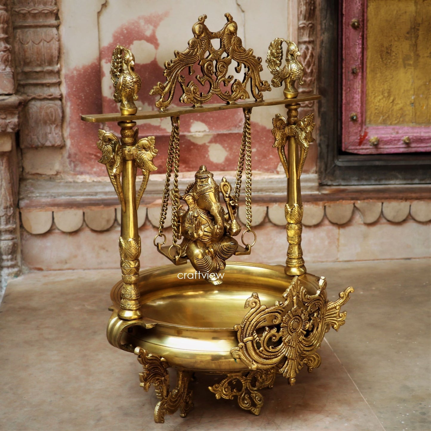 Brass Urli Decor with Ganesh jhula