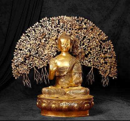 42" Brass Buddha With Bodhi Tree Background