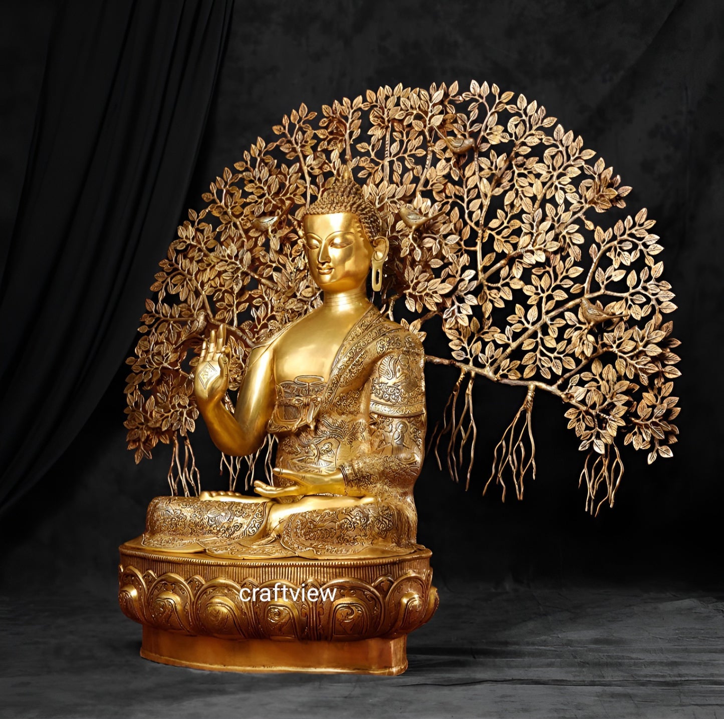 42" Brass Buddha With Bodhi Tree Background