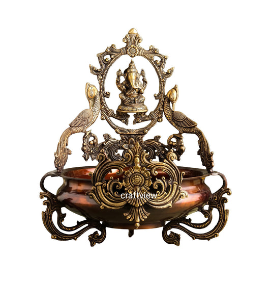 19" Brass Decoration Urli With Ganesh