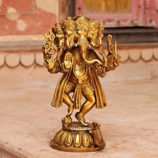 Brass Panchmukhi Dancing Ganesh Statue 15"